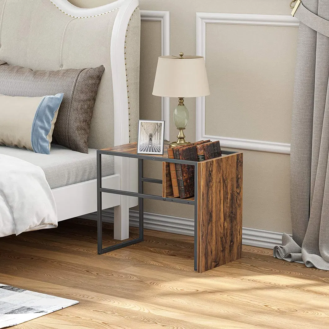 C-Shaped Reversible Side Table Nightstand Bedside Table with Wooden Shelf Snack