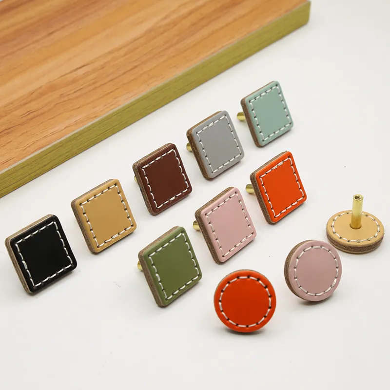 Leather Round Drawer Handles Cabinet Pulls Bedroom Small Colorful Square Furniture Knob