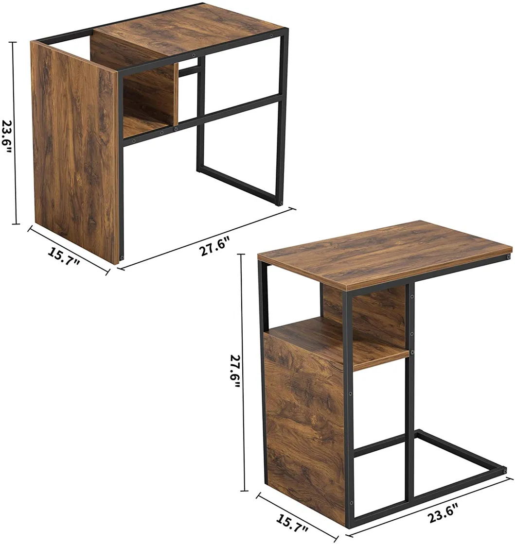 C-Shaped Reversible Side Table Nightstand Bedside Table with Wooden Shelf Snack
