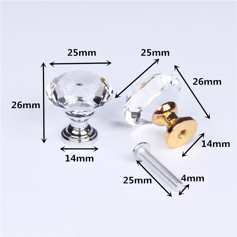 Zamak Diamonds Cabinet Door Knobs Luxury Crystal Glass Drawer Pull Knob
