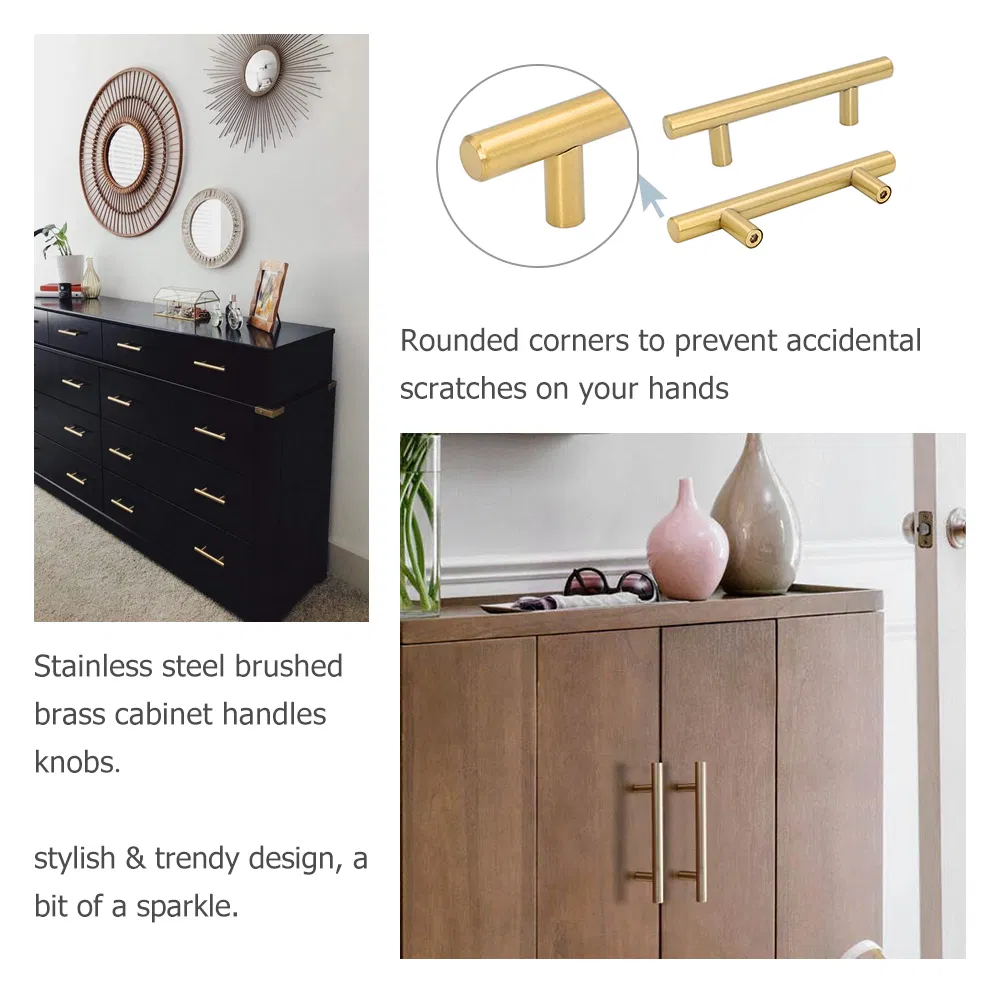 Stainless Steel Solid Hollow Drawer Kitchen Brass Gold T Bar Pull Handle