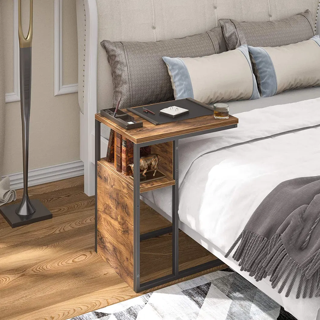 C-Shaped Reversible Side Table Nightstand Bedside Table with Wooden Shelf Snack