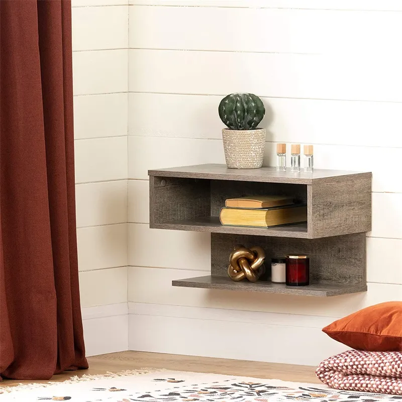 Wooden Wall Mounted Shelf with Drawer Bedside Nightstand Side Table