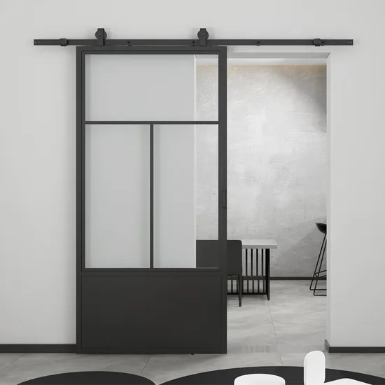 Clear Glass Black Metal Finish Sliding Barn Door with Hardware Kit