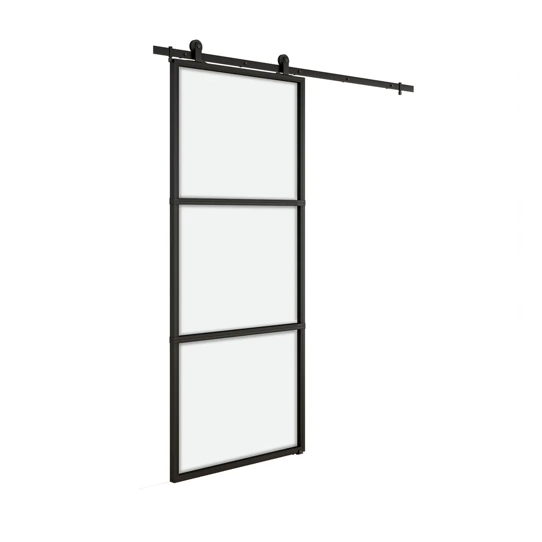 Modern Black Steel Frame Glass Sliding Barn Door for Interior Use