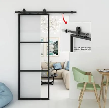 Frosted Glass Barn Door Mounted Hardware Kit with Soft Close Glass Door