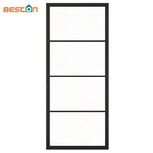 Modern 4 Lites Black Carbon Steel Frame Glass Barn Door Leaf