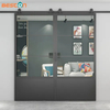 Double Door 3 Lites&Base Black Steel Frame Glass Sliding Barn Door