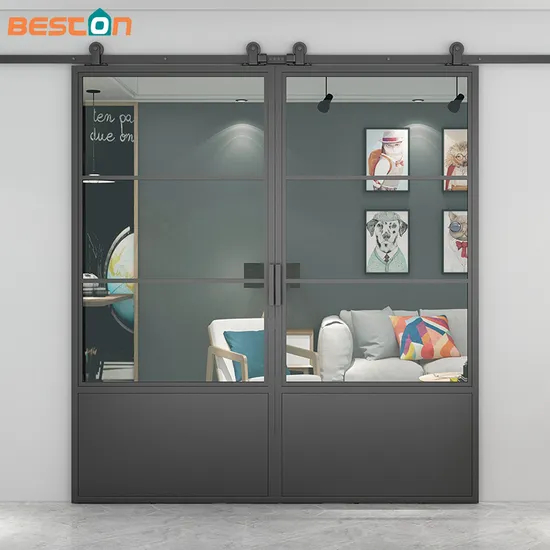 Double Door 3 Lites&Base Black Steel Frame Glass Sliding Barn Door