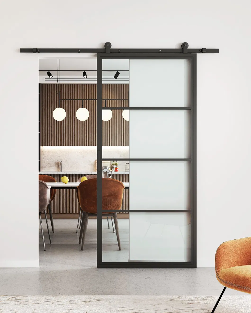 Black Steel Frame Clear Glass Loft Barn Door with Sliding Hardware