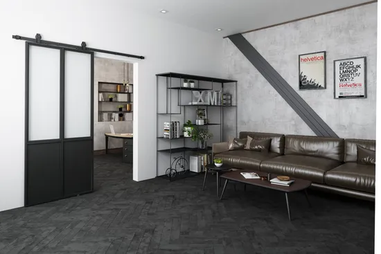 Steel Frame Clear Glass Barn Door with Kickplate for Kitchen