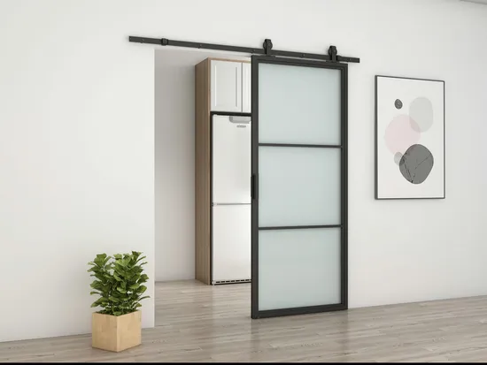 3 Lites Customized Black Steel Frame Glass Barn Door Leaf