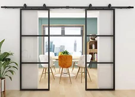 Black Steel Framed Clear Glass Sliding Barn Door for Interior Use