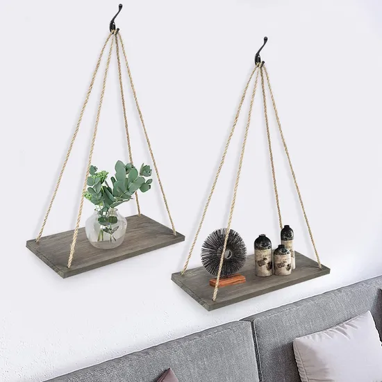 Brown Shelf Rope Wall Wood Floating 4 Hooks Rustic Hanging Shelf Brackets