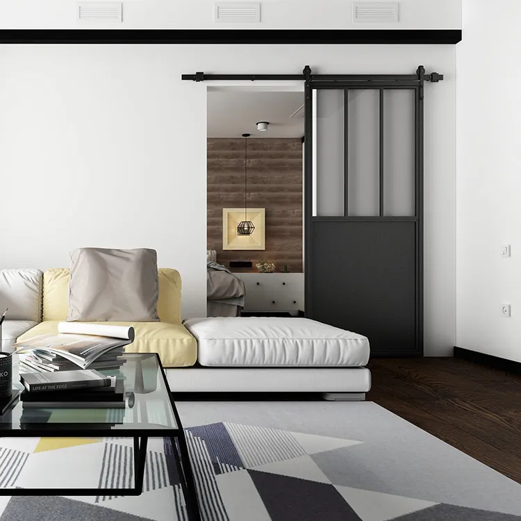 Black Steel Framed Clear Glass Sliding Barn Door with Skirt Board