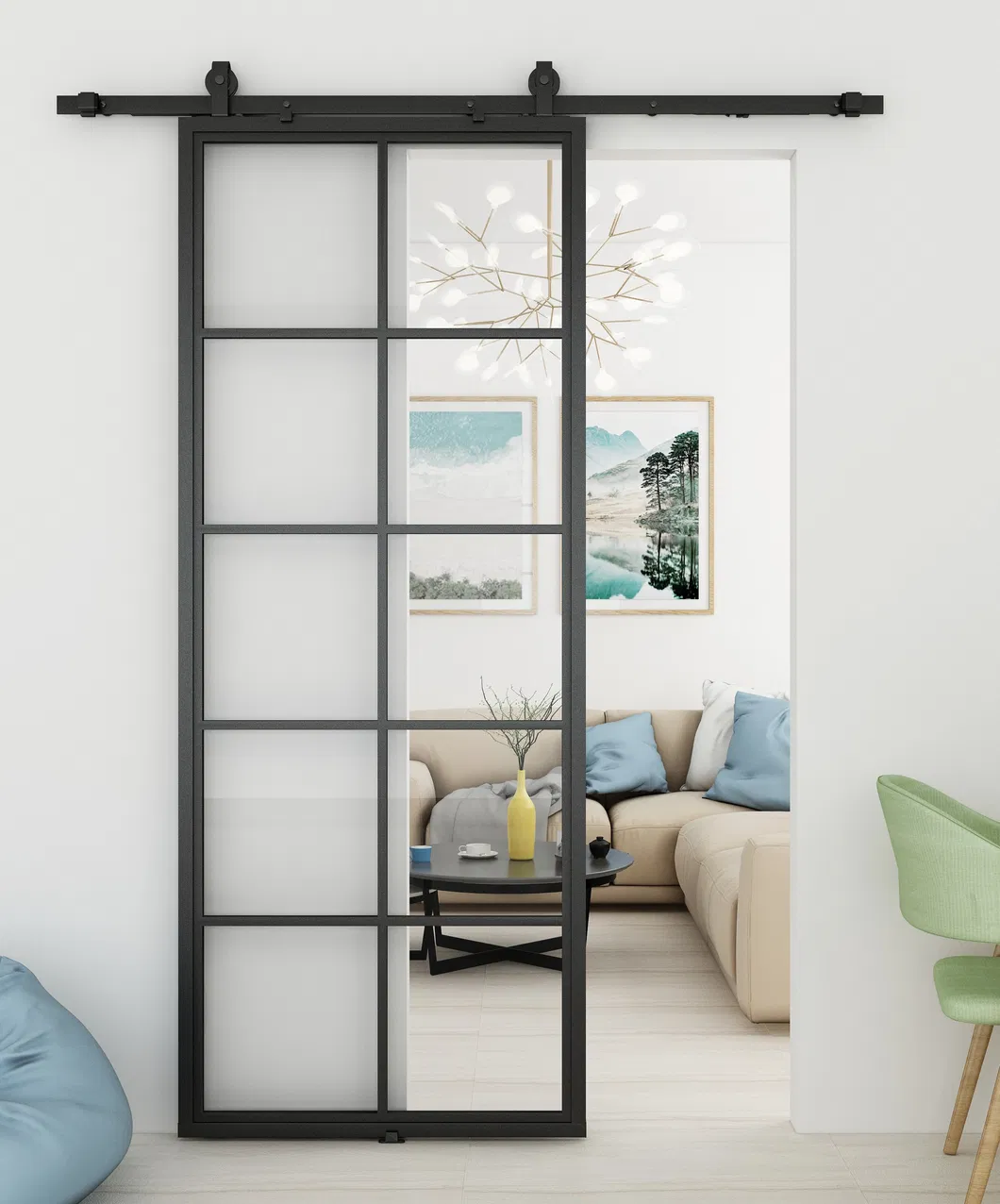 Black Metal Frame Clear Tempered Sliding Glass Partition Door with Hardware Kit