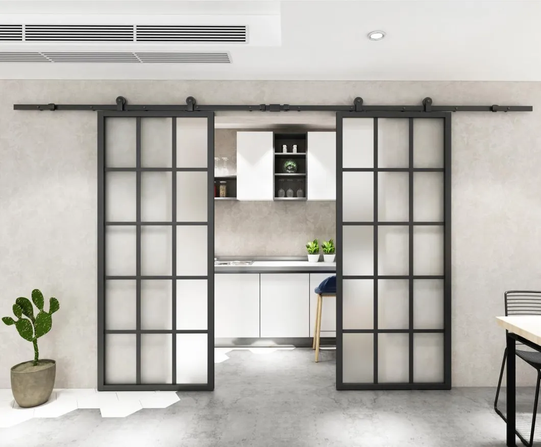 Double Steel Frame Clear Glass Barn Doors with Hardware