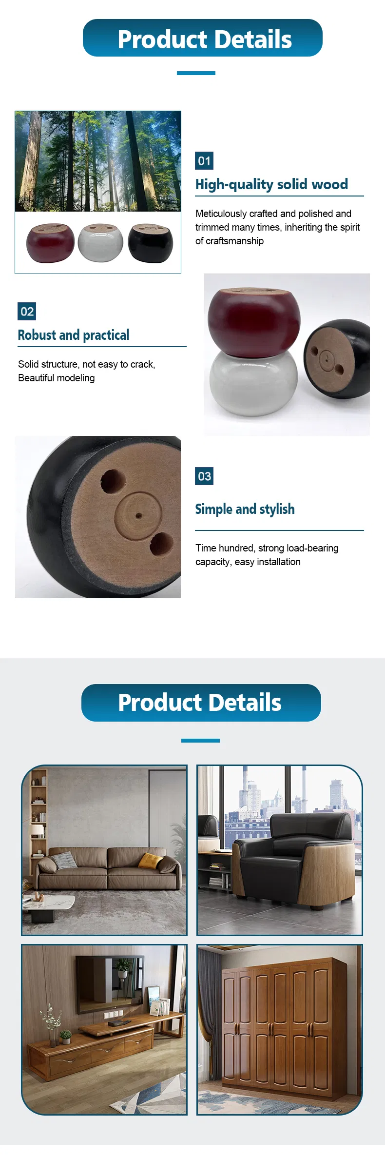 Modern Style Wooden Legs Round Solid Wooden Furniture Legs