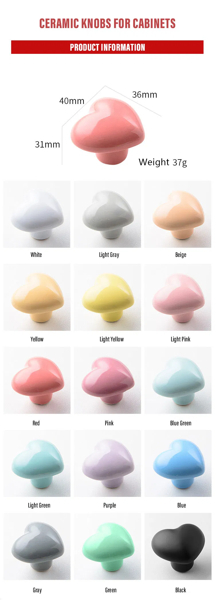 Kids Heart-Shaped Cartoon Cabinet Knob Ceramic Furniture Drawer Puller Handles