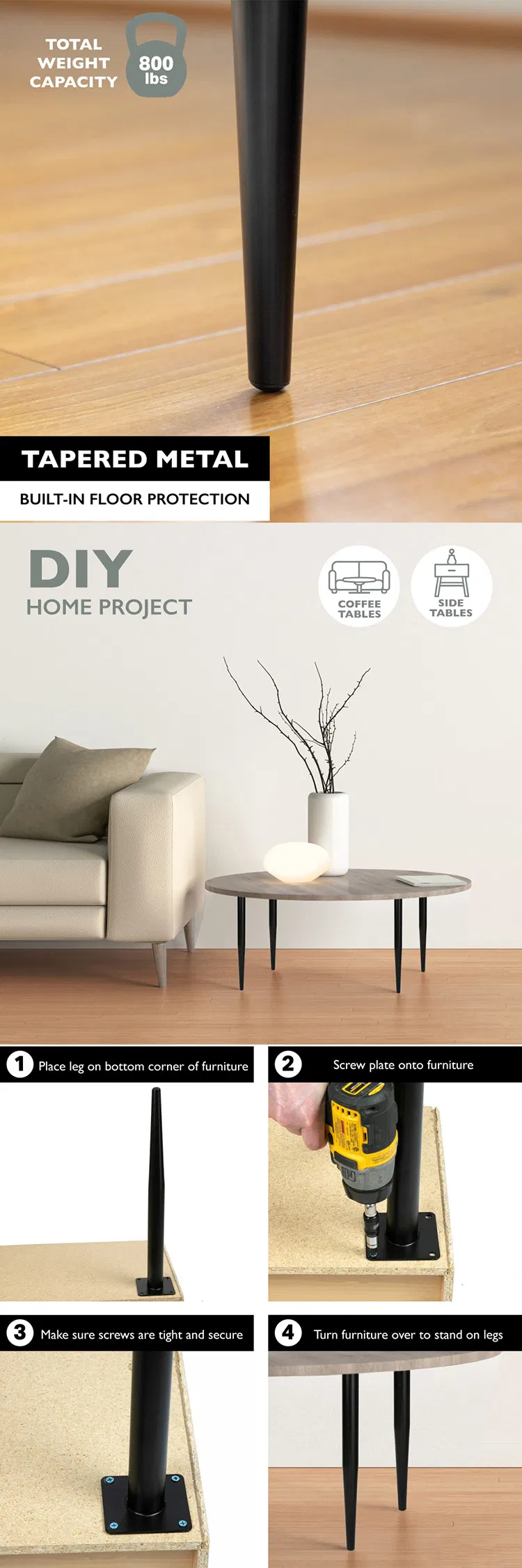 Tapered Modern Metal Couch Legs Chair Sofa Legs