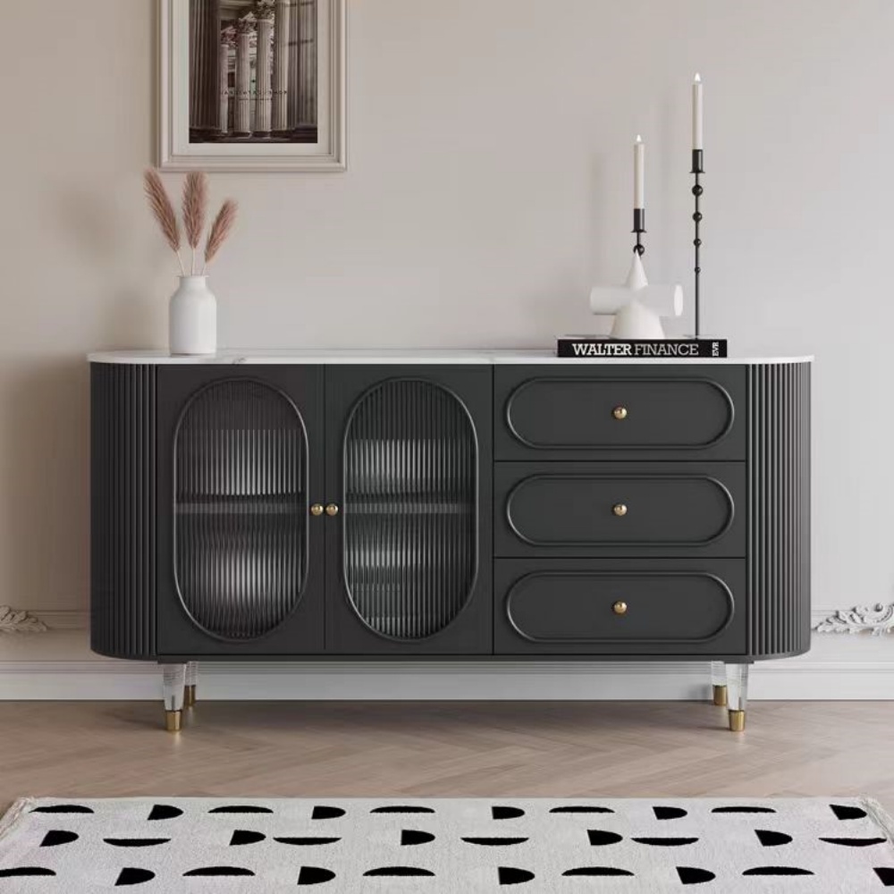French Cream Solid Wood Sideboard - Stone Top, Acrylic Legs & 2 Drawer Storage for Kitchen & Dining