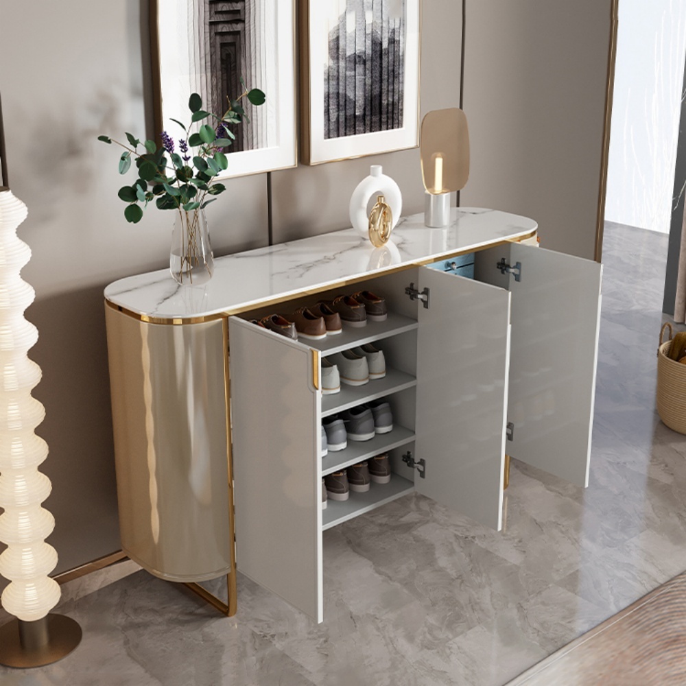 Modern Light Luxury High-Gloss Stainless Steel Shoe Cabinet - Gold Accents, Spacious Entryway Storage