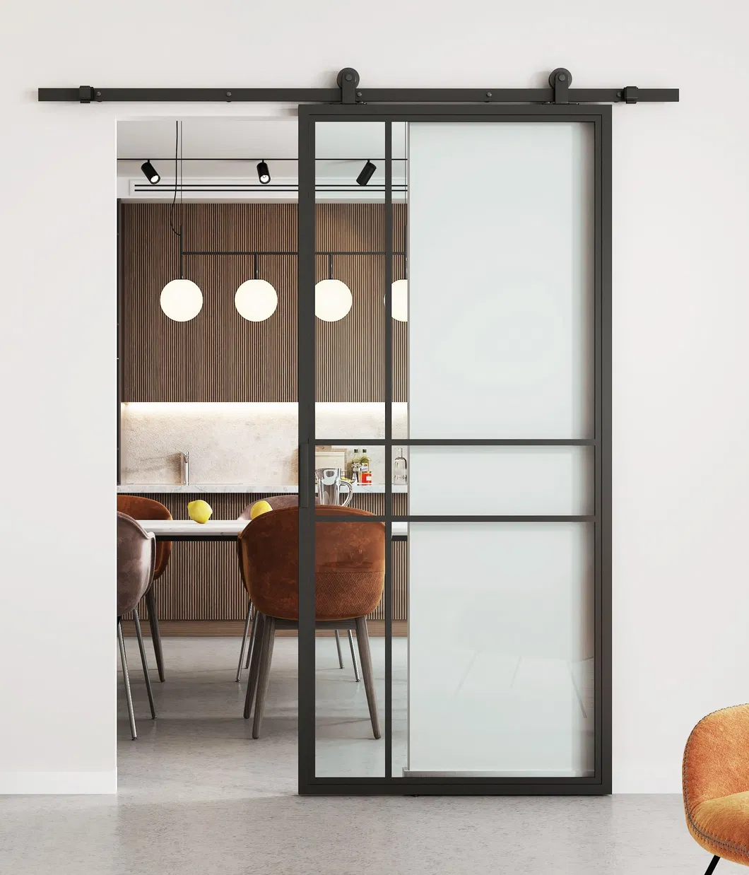 Modern Black Steel Frame Glass Sliding Barn Door for Interior Use