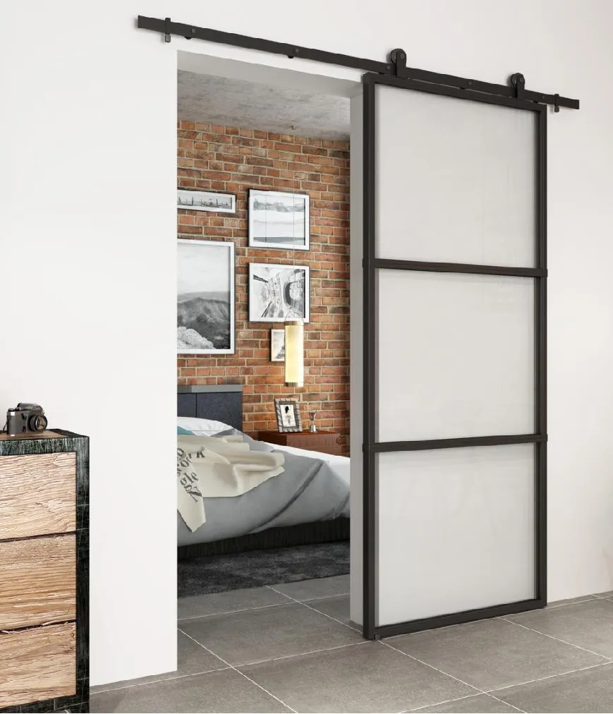 Modern Black Steel Frame Glass Sliding Barn Door for Interior Use