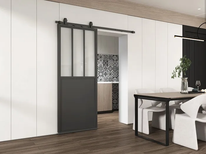 Black Steel Frame Glass Barn Door with Kickplate Soft Closer Equipped
