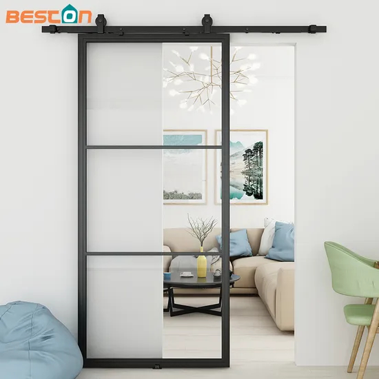 Black Steel Framed Clear Glass Sliding Barn Door for Interior Use
