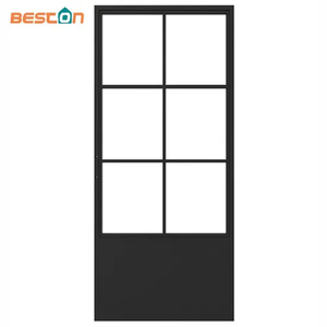 6 Lites&Base Black Carbon Steel Frame Glass Sliding Barn Door Leaf