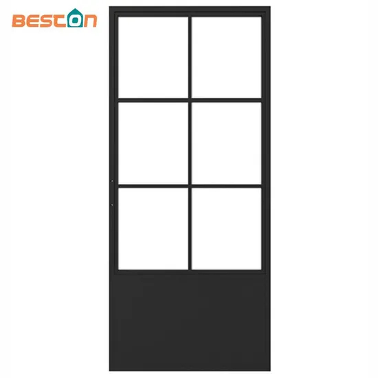 6 Lites&Base Black Carbon Steel Frame Glass Sliding Barn Door Leaf