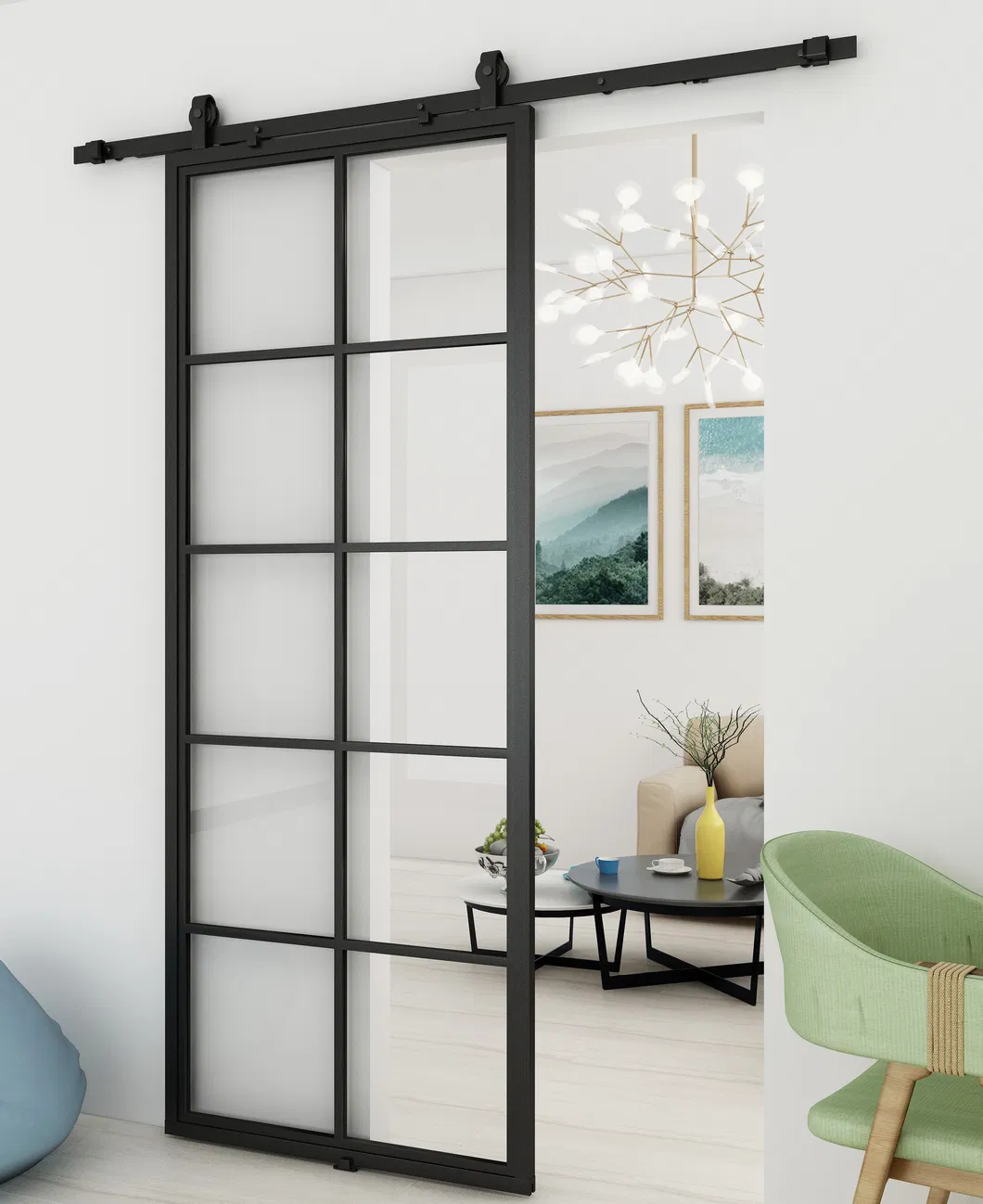 Black Metal Frame Clear Tempered Sliding Glass Partition Door with Hardware Kit