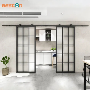Double Steel Frame Clear Glass Barn Doors with Hardware