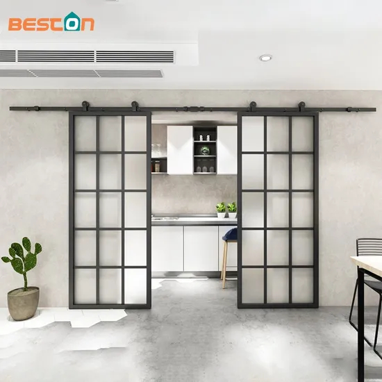 Double Steel Frame Clear Glass Barn Doors with Hardware