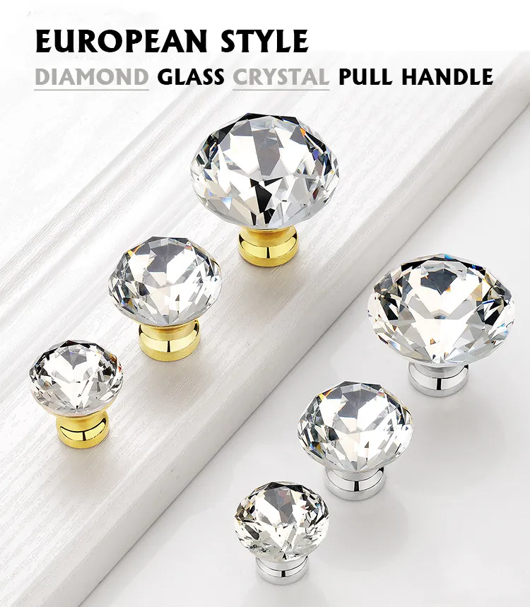 Crystal Glass 30mm Diamond Shape Clear Zinc Cabinet Drawer Door Knob