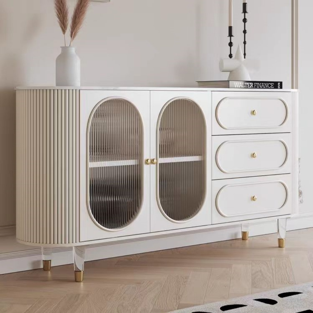 French Cream Solid Wood Sideboard - Stone Top, Acrylic Legs & 2 Drawer Storage for Kitchen & Dining