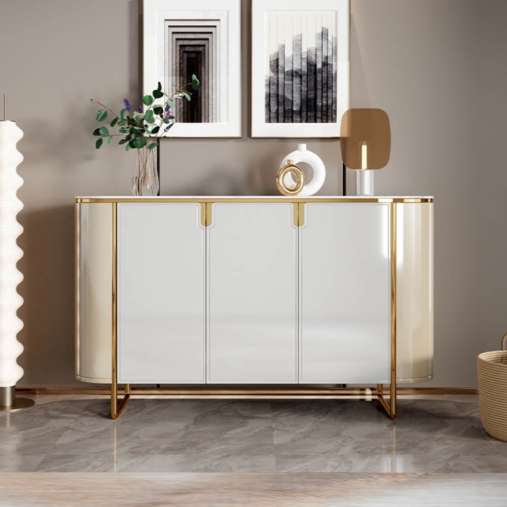Modern Light Luxury High-Gloss Stainless Steel Shoe Cabinet - Gold Accents, Spacious Entryway Storage