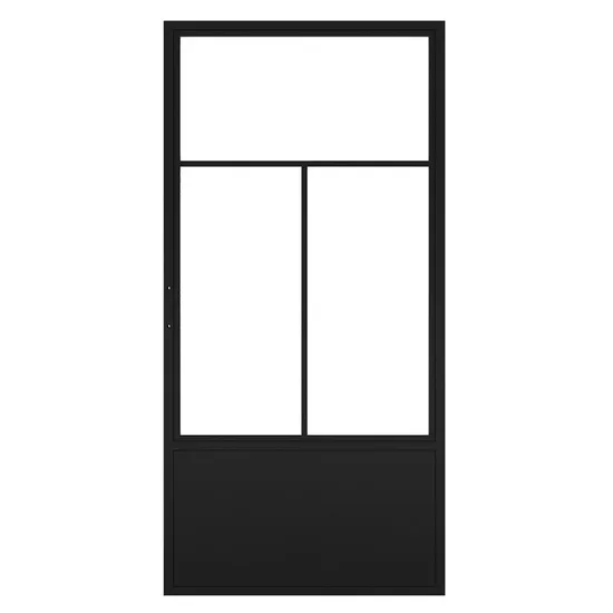 Clear Glass Black Metal Finish Sliding Barn Door with Hardware Kit