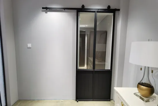 Frosted Glass Black Metal Finish Sliding Barn Door with Hardware Kit