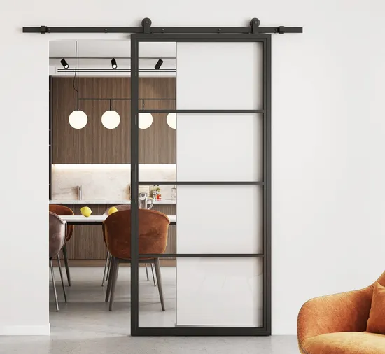 Modern 4 Lites Black Carbon Steel Frame Glass Barn Door Leaf