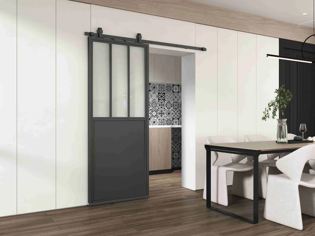 Framed Glass Sliding Barn Door Slab Tempered Assembled Prehung Glass Door Panel