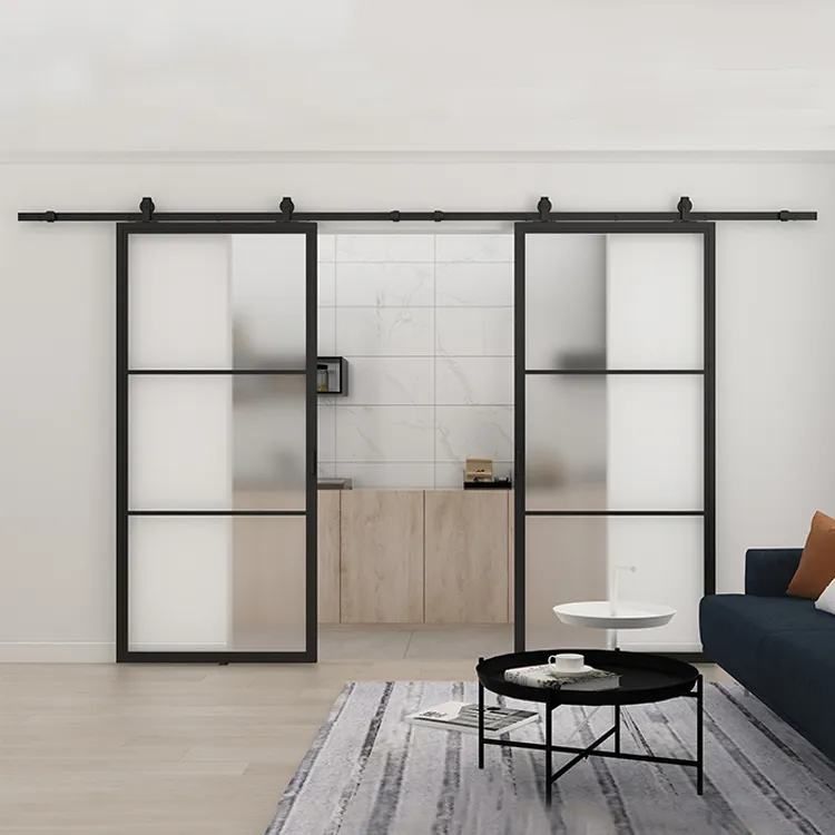 Black Powder Coated Glass Flush Door Double Sliding Impact Glass Sliding Door