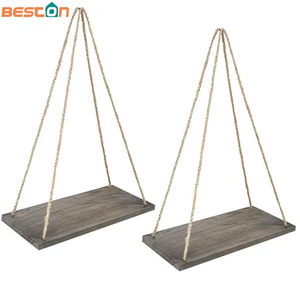 Brown Shelf Rope Wall Wood Floating 4 Hooks Rustic Hanging Shelf Brackets