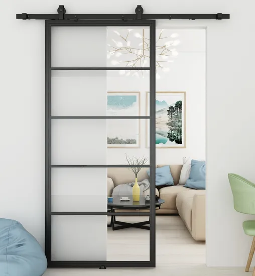 Morden Steel Framed Clear Glass Sliding Barn Door with Hardware
