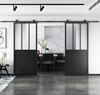 Double Kick Helder Metal Frame Clear Glass Doors with Barn Door Hardware