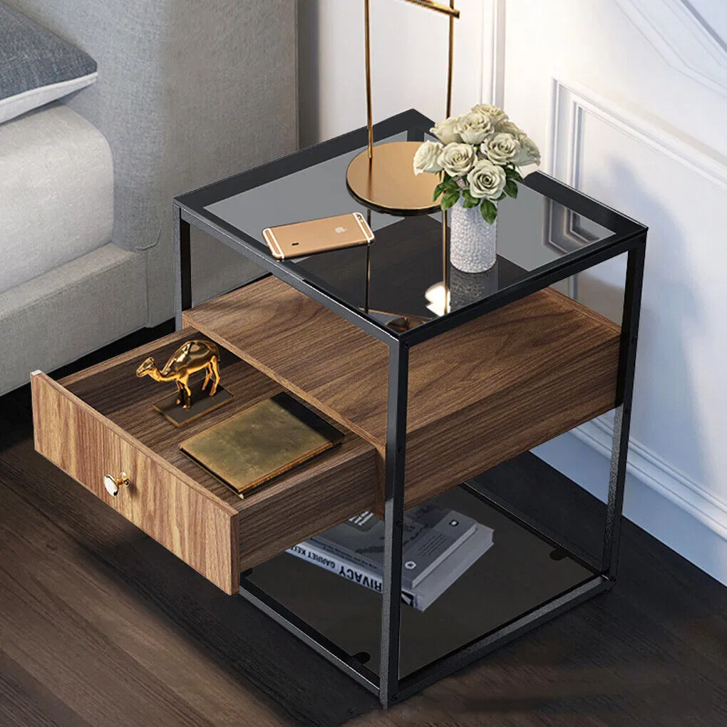 2 Layer Tempered Glass Coffee Table Square Nightstand Sofa End Bedside Table