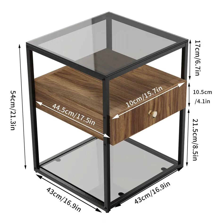 2 Layer Tempered Glass Coffee Table Square Nightstand Sofa End Bedside Table