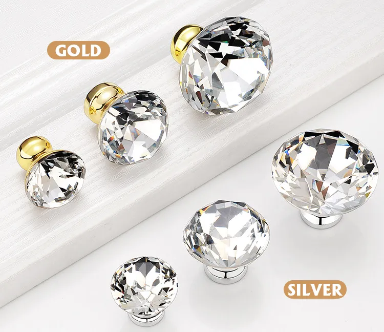 Crystal Glass 30mm Diamond Shape Clear Zinc Cabinet Drawer Door Knob