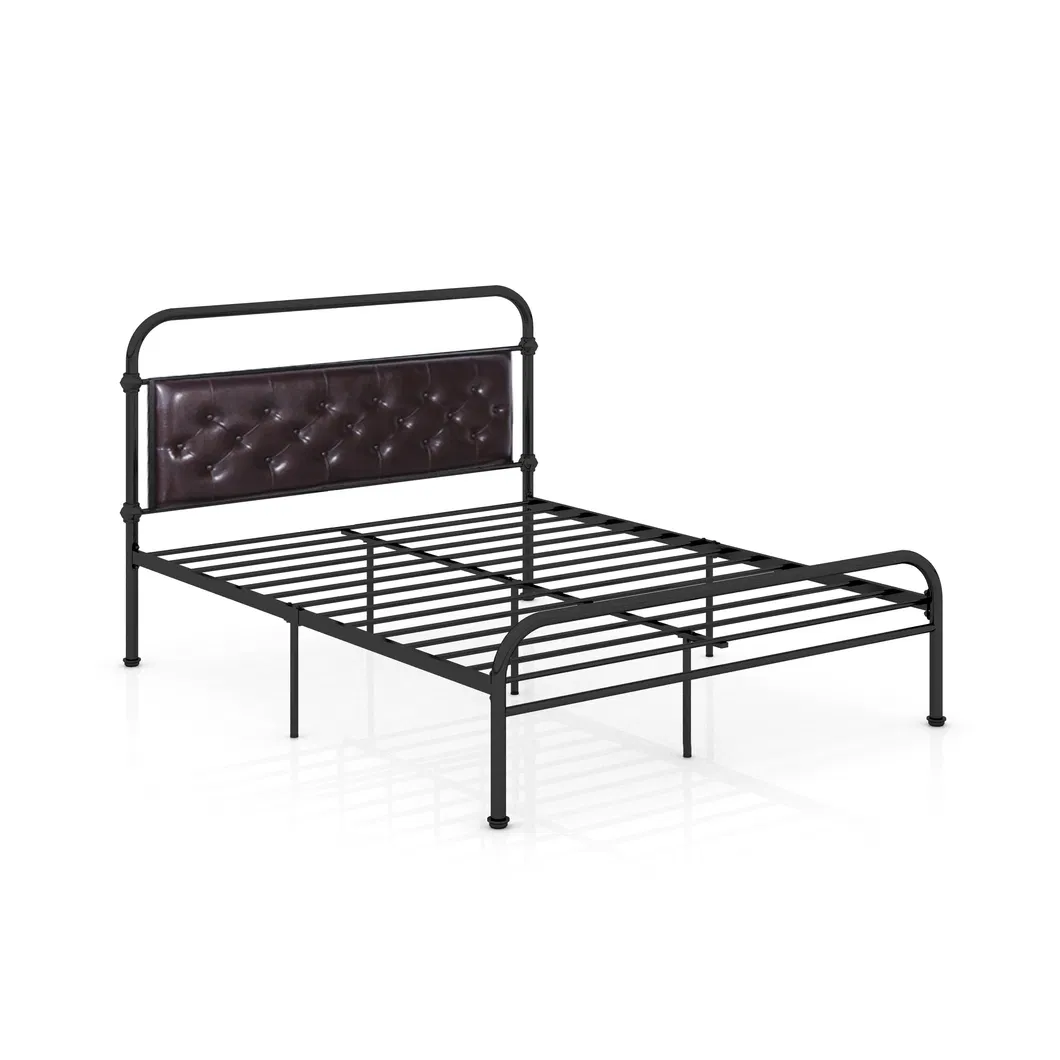 Diamond Leather Headboard Sturdy Iron Platform Bed Frame